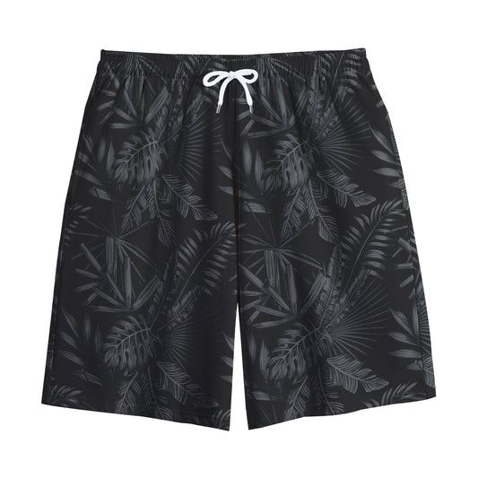 Black Palm Leaf Aloha Pattern Print Cotton Shorts