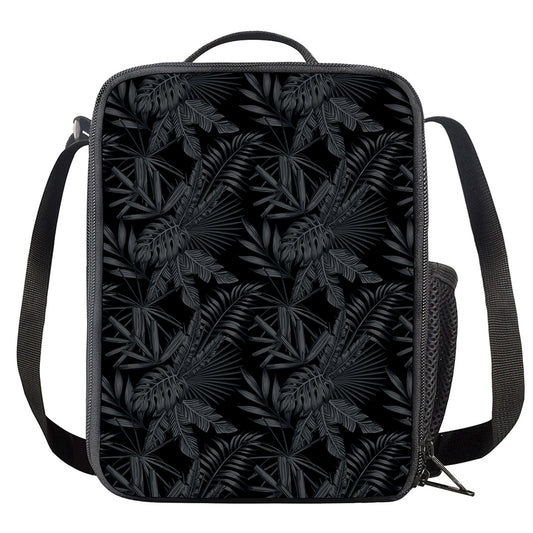 Black Palm Leaf Aloha Pattern Print Crossbody Lunch Bag