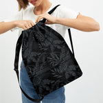 Black Palm Leaf Aloha Pattern Print Drawstring Backpack