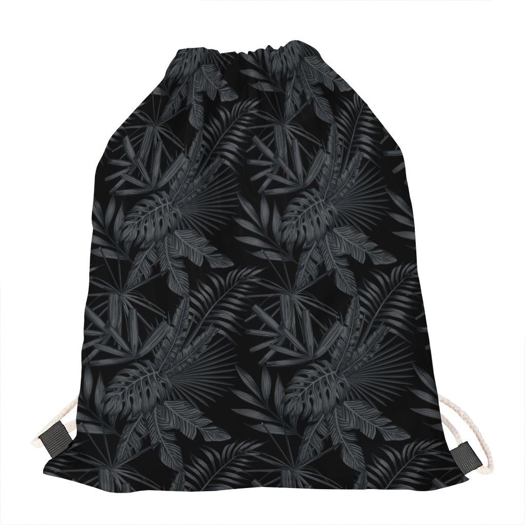 Black Palm Leaf Aloha Pattern Print Drawstring Bag