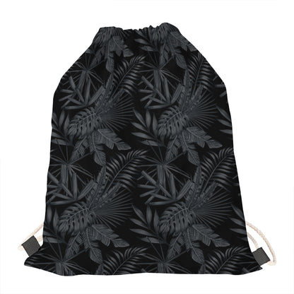 Black Palm Leaf Aloha Pattern Print Drawstring Bag