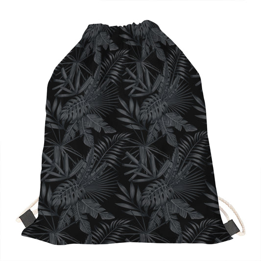 Black Palm Leaf Aloha Pattern Print Drawstring Bag