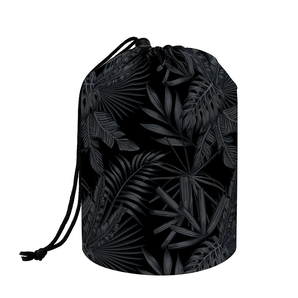 Black Palm Leaf Aloha Pattern Print Drawstring Makeup Bag
