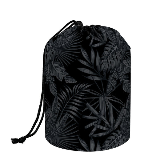 Black Palm Leaf Aloha Pattern Print Drawstring Makeup Bag