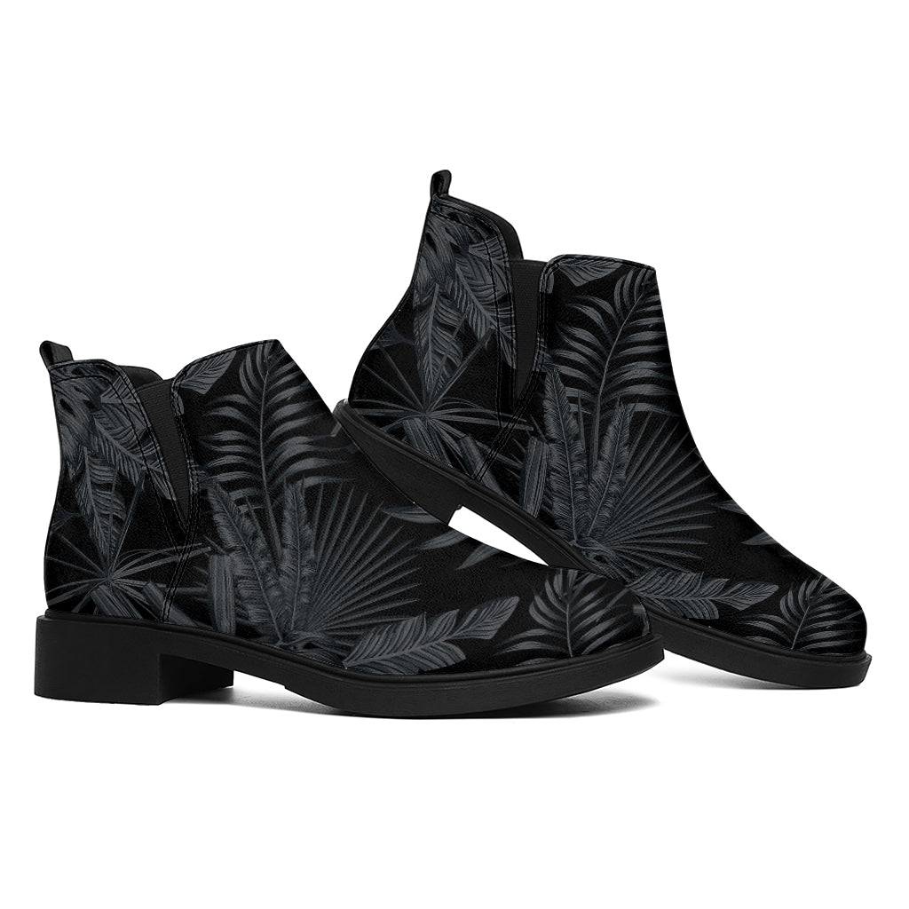 Black Palm Leaf Aloha Pattern Print Flat Ankle Boots