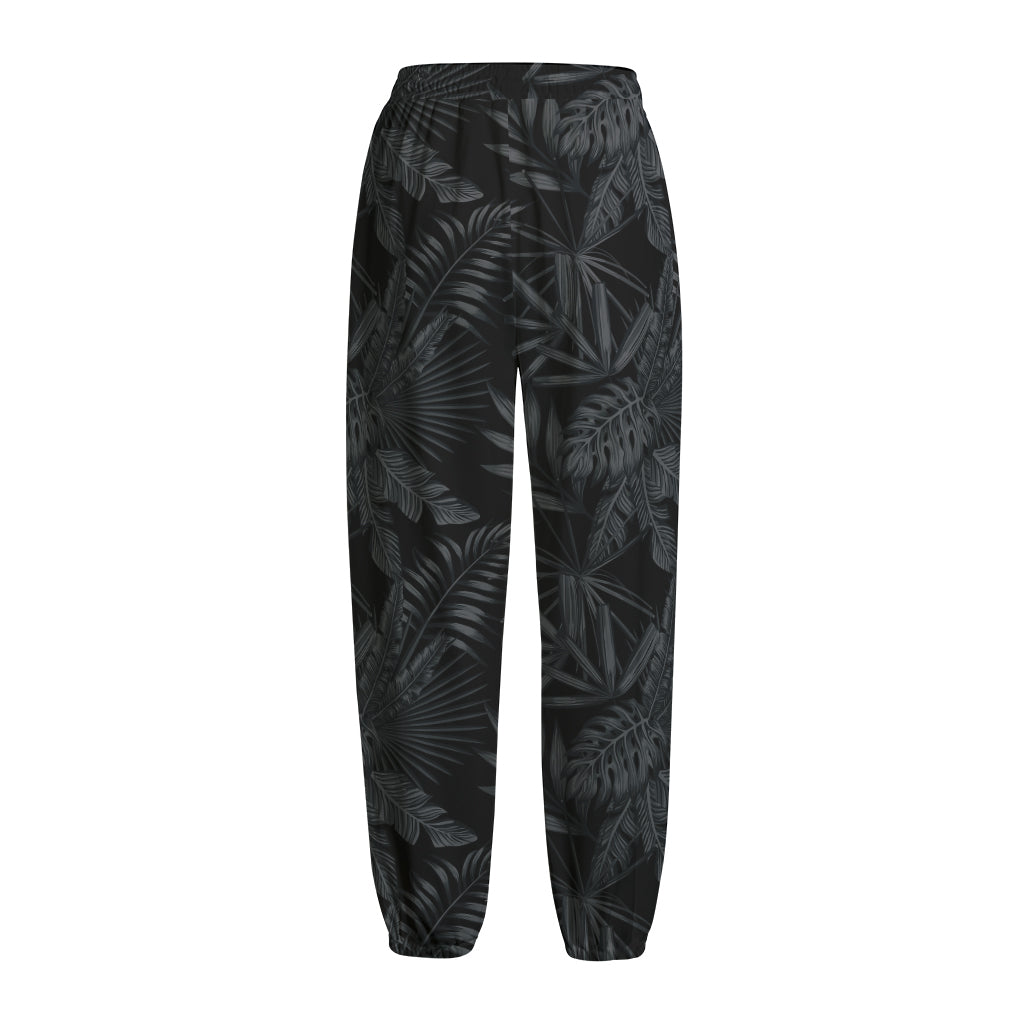 Black Palm Leaf Aloha Pattern Print Fleece Lined Knit Pants