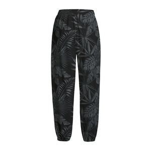 Black Palm Leaf Aloha Pattern Print Fleece Lined Knit Pants