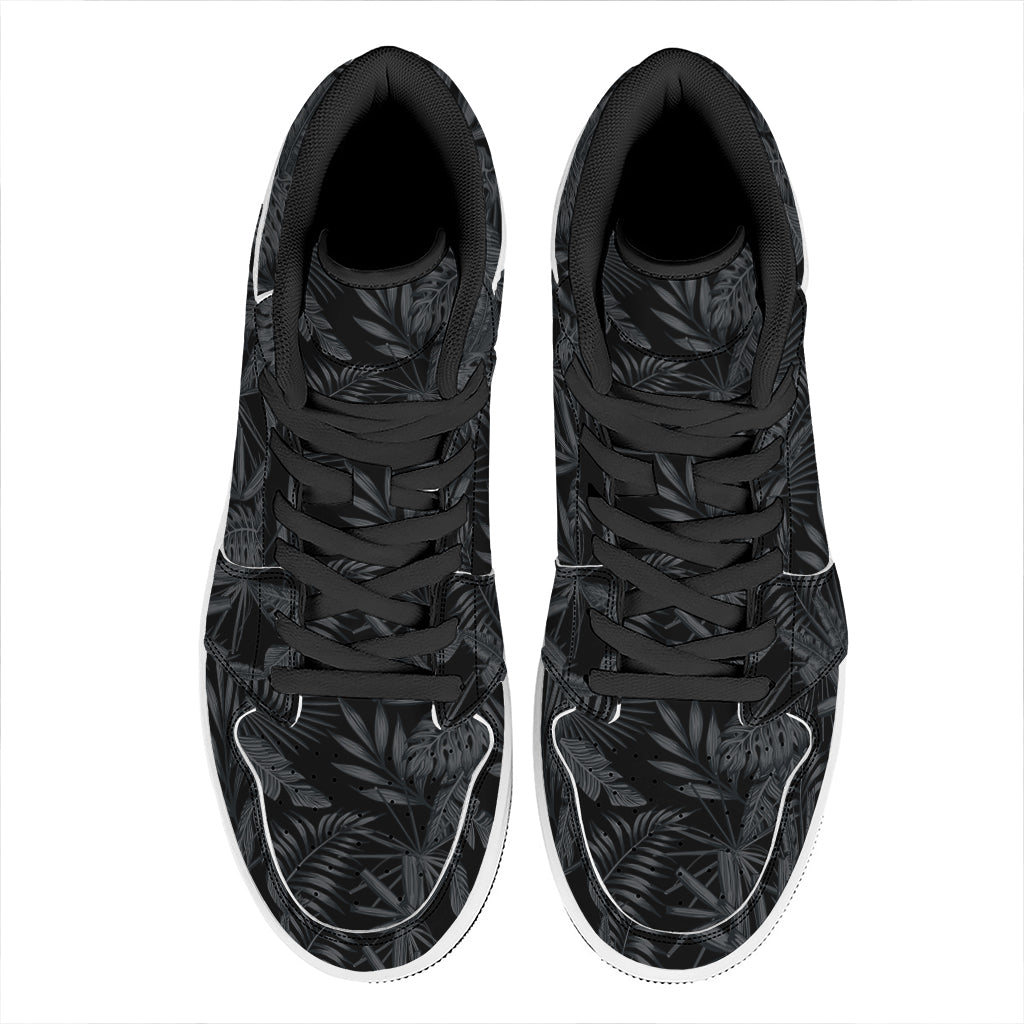 Black Palm Leaf Aloha Pattern Print High Top Leather Sneakers