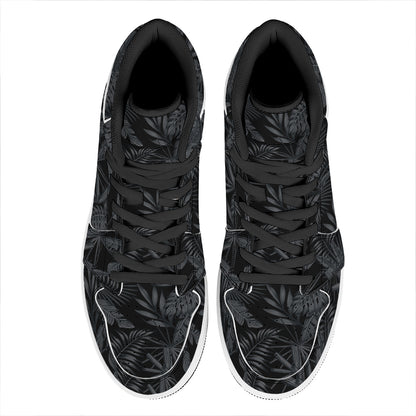 Black Palm Leaf Aloha Pattern Print High Top Leather Sneakers