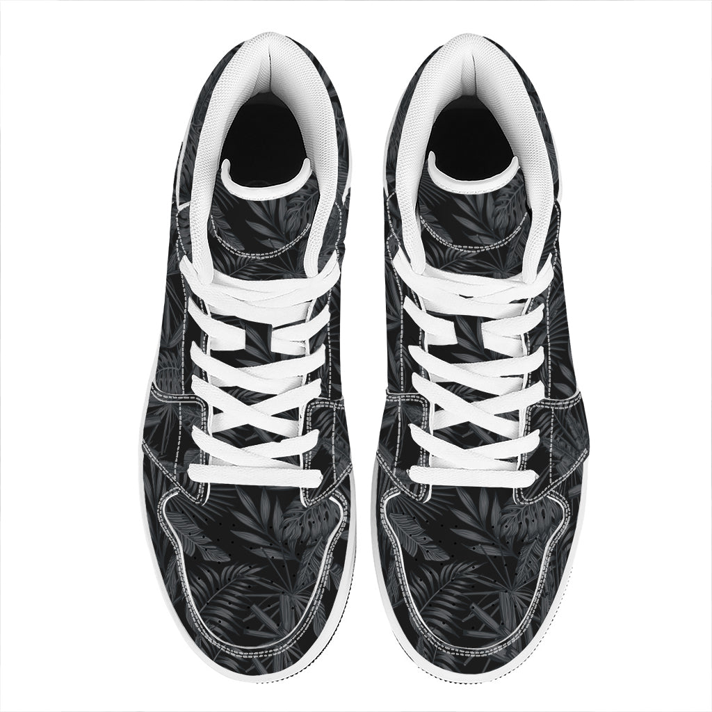 Black Palm Leaf Aloha Pattern Print High Top Leather Sneakers