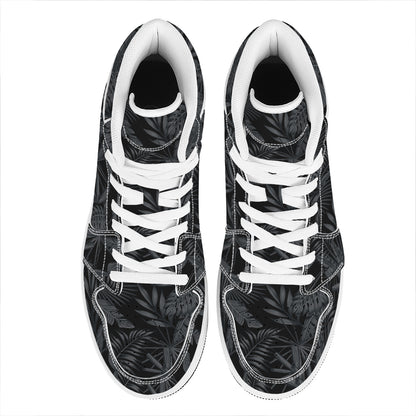 Black Palm Leaf Aloha Pattern Print High Top Leather Sneakers