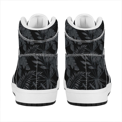 Black Palm Leaf Aloha Pattern Print High Top Leather Sneakers