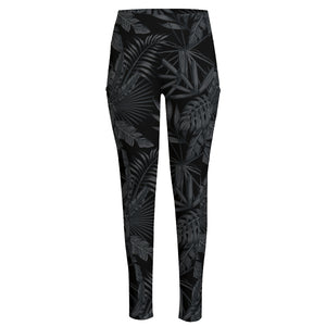 Black Palm Leaf Aloha Pattern Print High-Waisted Pocket Leggings