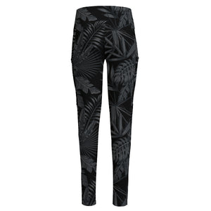 Black Palm Leaf Aloha Pattern Print High-Waisted Pocket Leggings