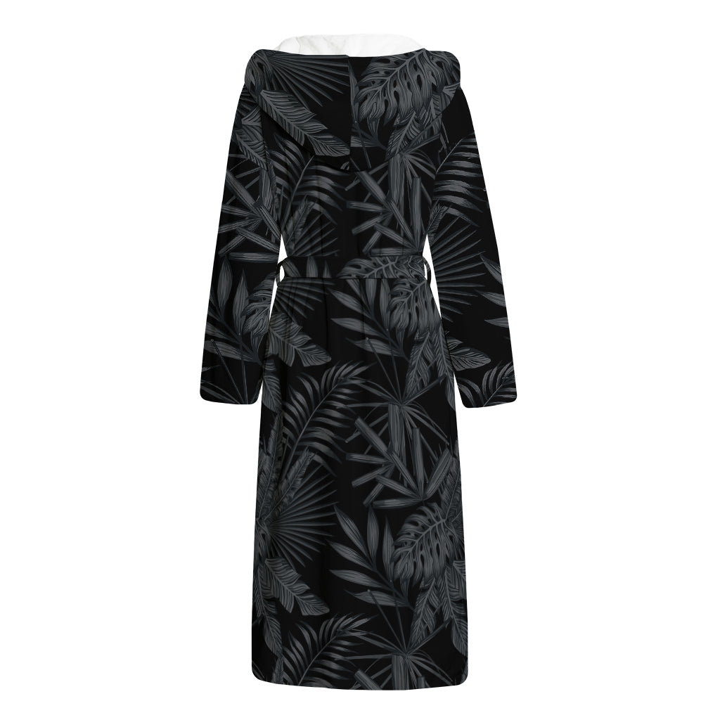 Black Palm Leaf Aloha Pattern Print Hooded Bathrobe