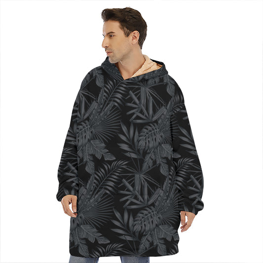 Black Palm Leaf Aloha Pattern Print Hoodie Blanket