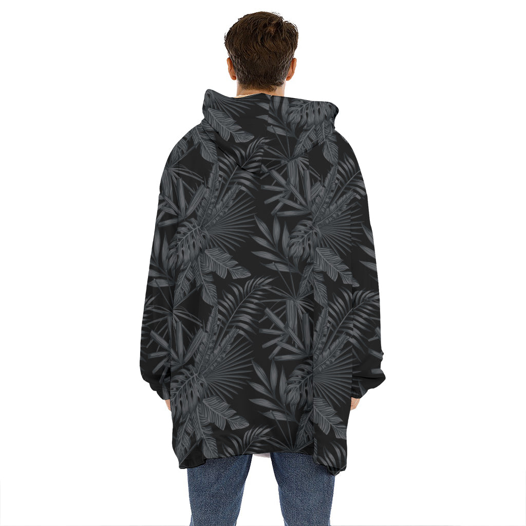 Black Palm Leaf Aloha Pattern Print Hoodie Blanket