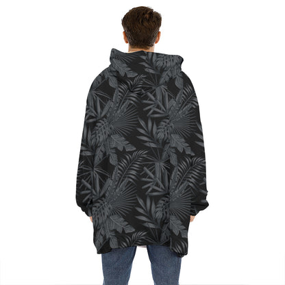 Black Palm Leaf Aloha Pattern Print Hoodie Blanket