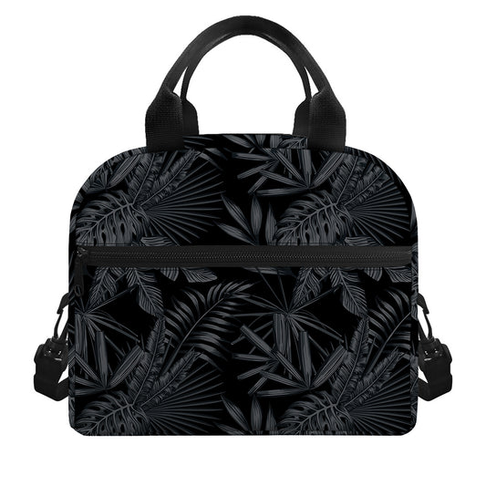 Black Palm Leaf Aloha Pattern Print Insulated Lunch Bag