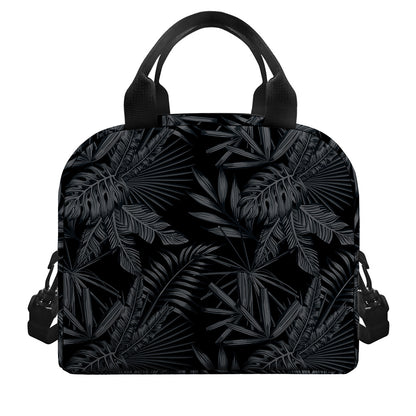 Black Palm Leaf Aloha Pattern Print Insulated Lunch Bag