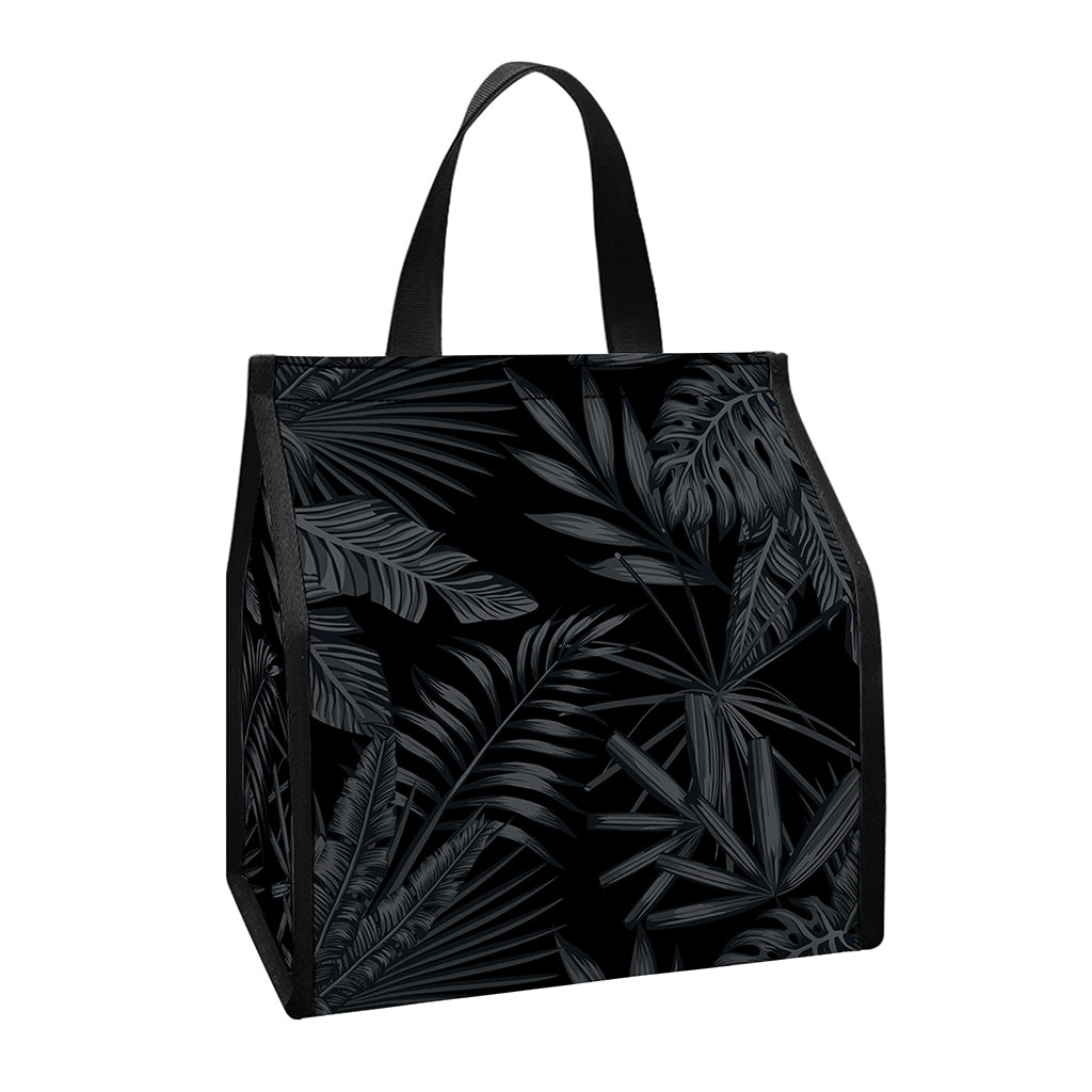 Black Palm Leaf Aloha Pattern Print Insulated Lunch Tote