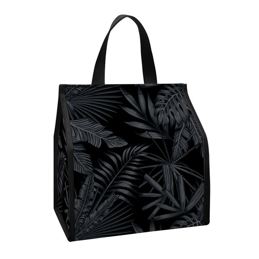 Black Palm Leaf Aloha Pattern Print Insulated Lunch Tote
