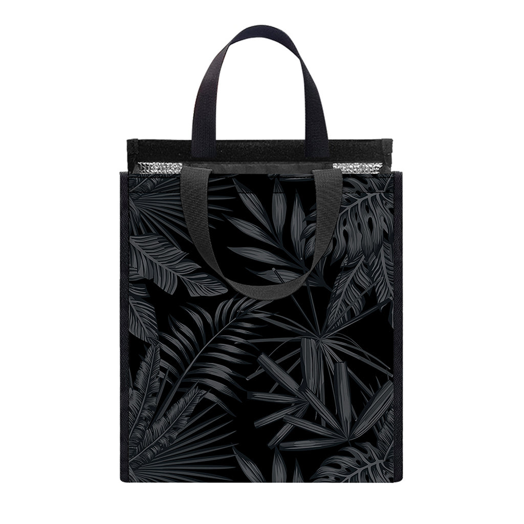 Black Palm Leaf Aloha Pattern Print Insulated Lunch Tote