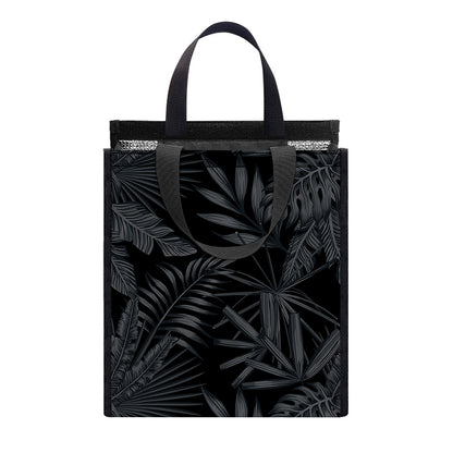 Black Palm Leaf Aloha Pattern Print Insulated Lunch Tote