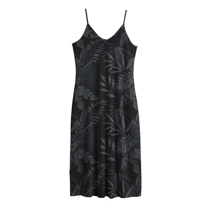 Black Palm Leaf Aloha Pattern Print Jersey Midi Cami Dress