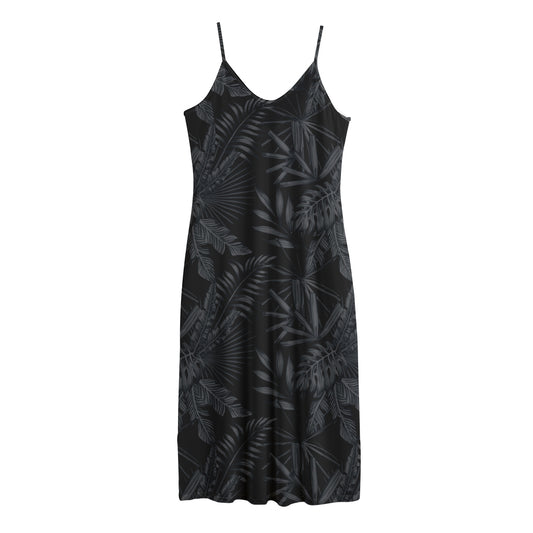 Black Palm Leaf Aloha Pattern Print Jersey Midi Cami Dress