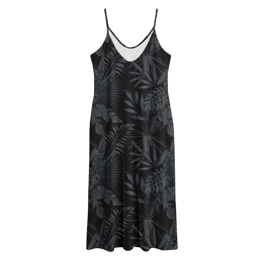 Black Palm Leaf Aloha Pattern Print Jersey Midi Cami Dress