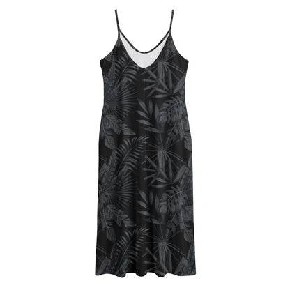 Black Palm Leaf Aloha Pattern Print Jersey Midi Cami Dress