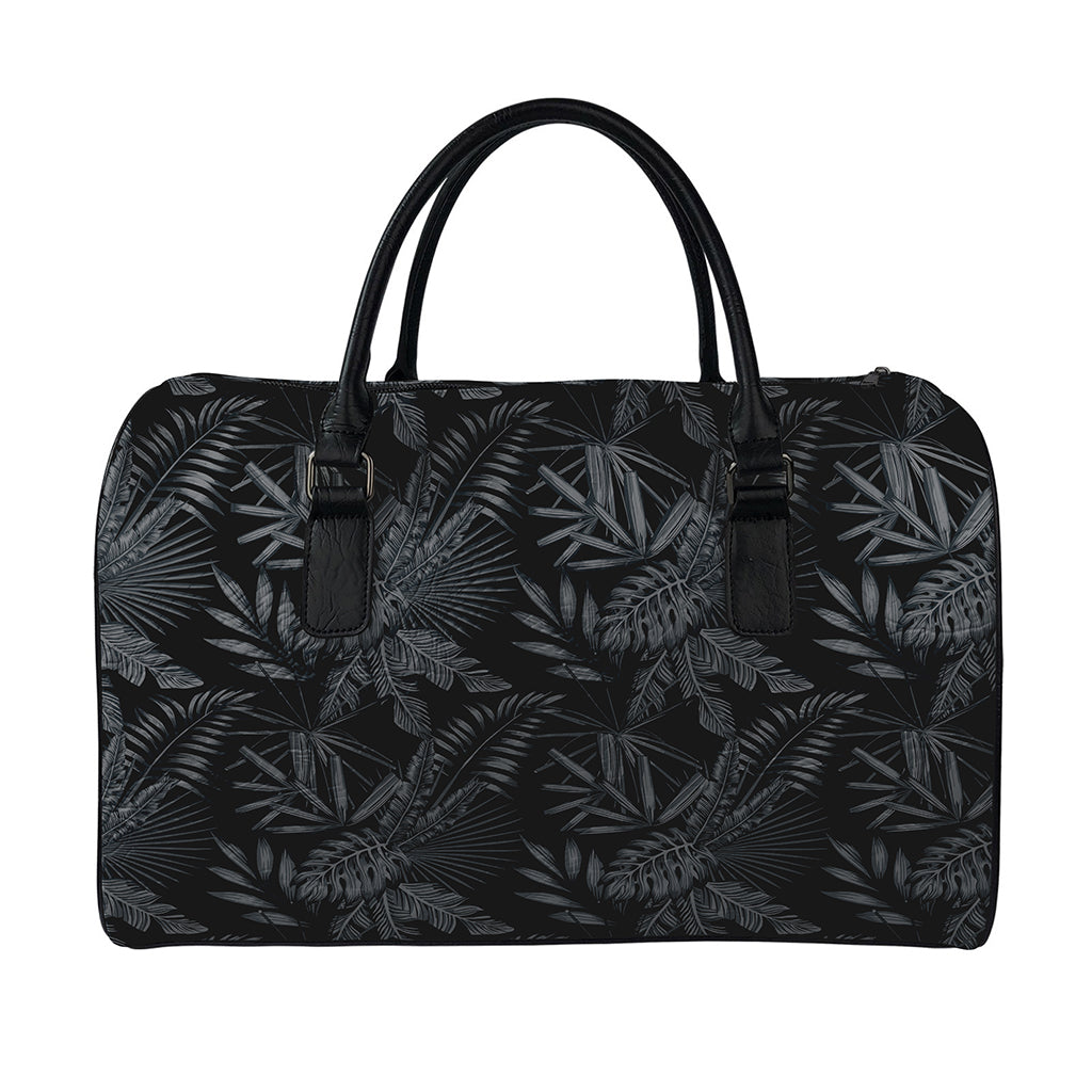 Black Palm Leaf Aloha Pattern Print Leather Duffle Bag