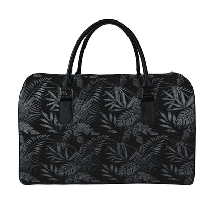 Black Palm Leaf Aloha Pattern Print Leather Duffle Bag