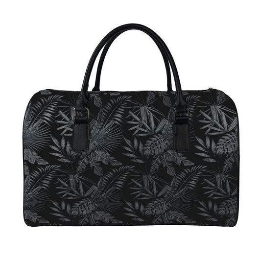 Black Palm Leaf Aloha Pattern Print Leather Duffle Bag