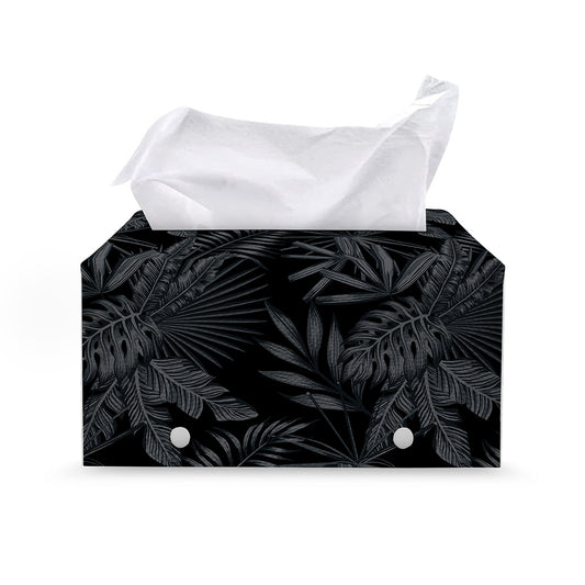 Black Palm Leaf Aloha Pattern Print Leather Tissue Box Cover