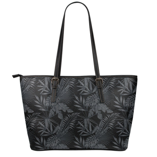 Black Palm Leaf Aloha Pattern Print Leather Tote Bag