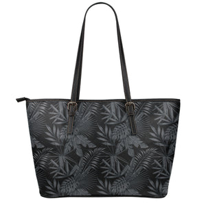 Black Palm Leaf Aloha Pattern Print Leather Tote Bag