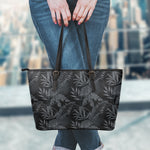 Black Palm Leaf Aloha Pattern Print Leather Tote Bag