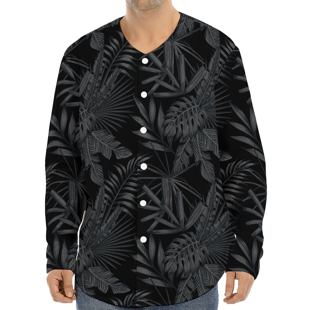 Black Palm Leaf Aloha Pattern Print Long Sleeve Baseball Jersey