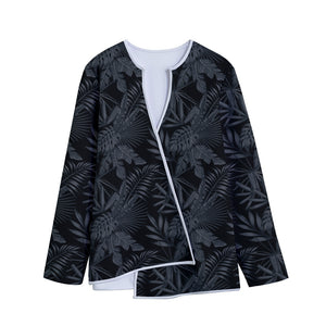 Black Palm Leaf Aloha Pattern Print Long Sleeve Short Coat