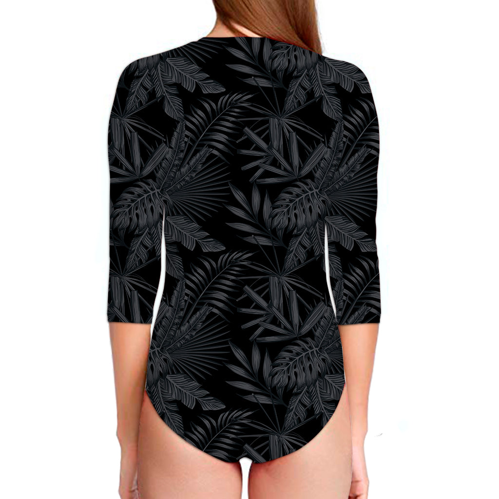 Black Palm Leaf Aloha Pattern Print Long Sleeve Swimsuit