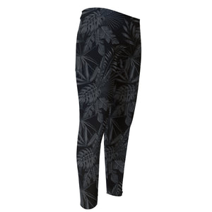 Black Palm Leaf Aloha Pattern Print Men's Compression Pants