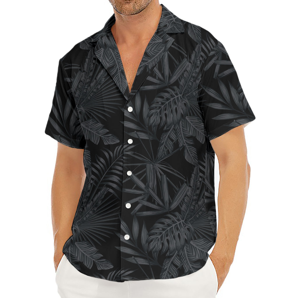 Black Palm Leaf Aloha Pattern Print Men's Deep V-Neck Shirt