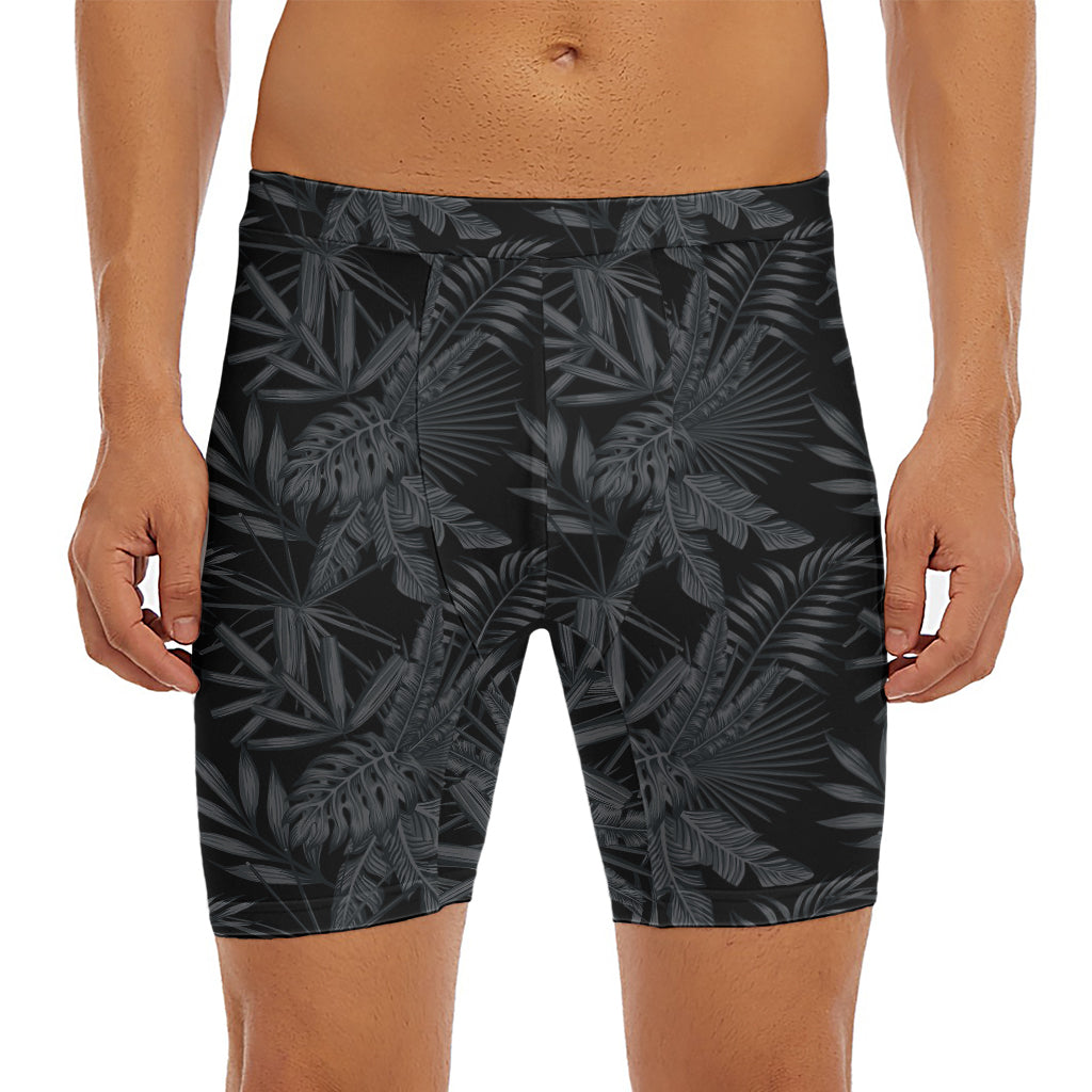Black Palm Leaf Aloha Pattern Print Men's Long Boxer Briefs