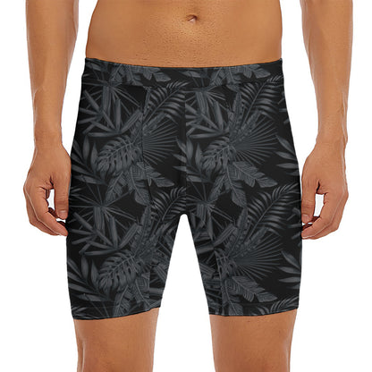 Black Palm Leaf Aloha Pattern Print Men's Long Boxer Briefs