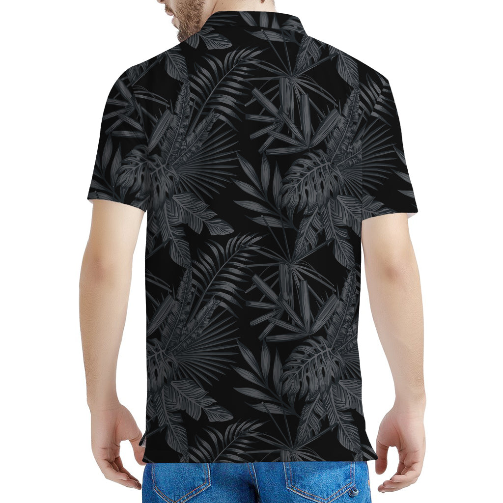 Black Palm Leaf Aloha Pattern Print Men's Polo Shirt