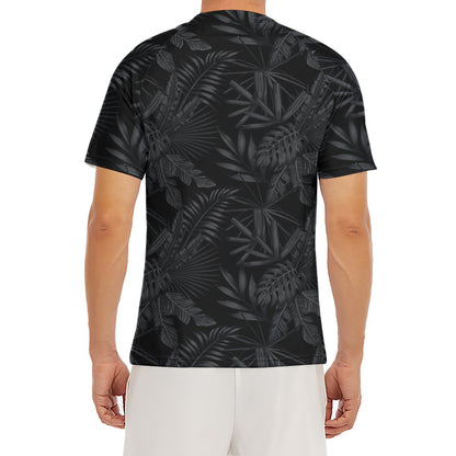 Black Palm Leaf Aloha Pattern Print Men's Short Sleeve Rash Guard