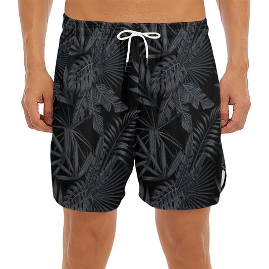 Black Palm Leaf Aloha Pattern Print Men's Split Running Shorts