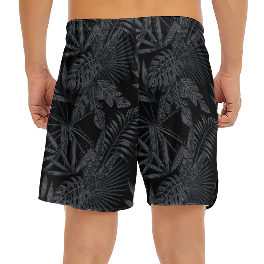 Black Palm Leaf Aloha Pattern Print Men's Split Running Shorts